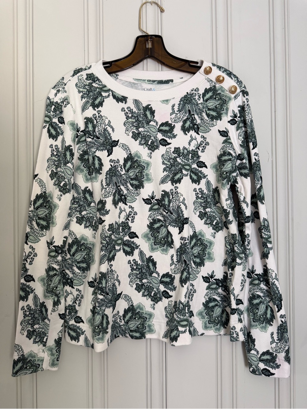Talbots Green Floral Button-Shoulder Long Sleeve Top